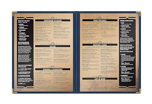 Goodsmart Restaurant Menu Covers - 25 Pack Blue 8.5" x 11", 2-Page/4-View, Side-Loading Vinyl Menu Holders, Clear Sleeves, Double-Stitched Edge, Leather-Style Café Menu Covers with Gold Corners