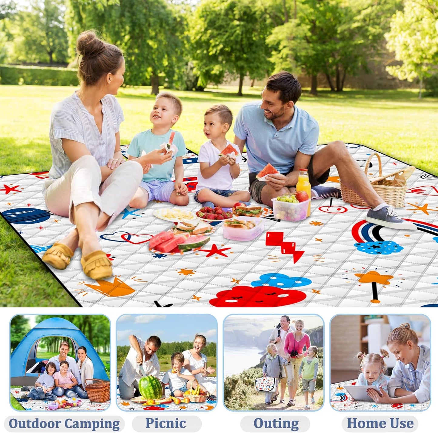 Poedist Extra Large Picnic Blanket Waterproof,80"x 80"Foldable Machine Washable Beach Blanket,Outdoor Blanket for 6-8 Adults,Suitable for Indoor Crawling,Park Beach,Camping,Hiking,Family Travel(Cute)