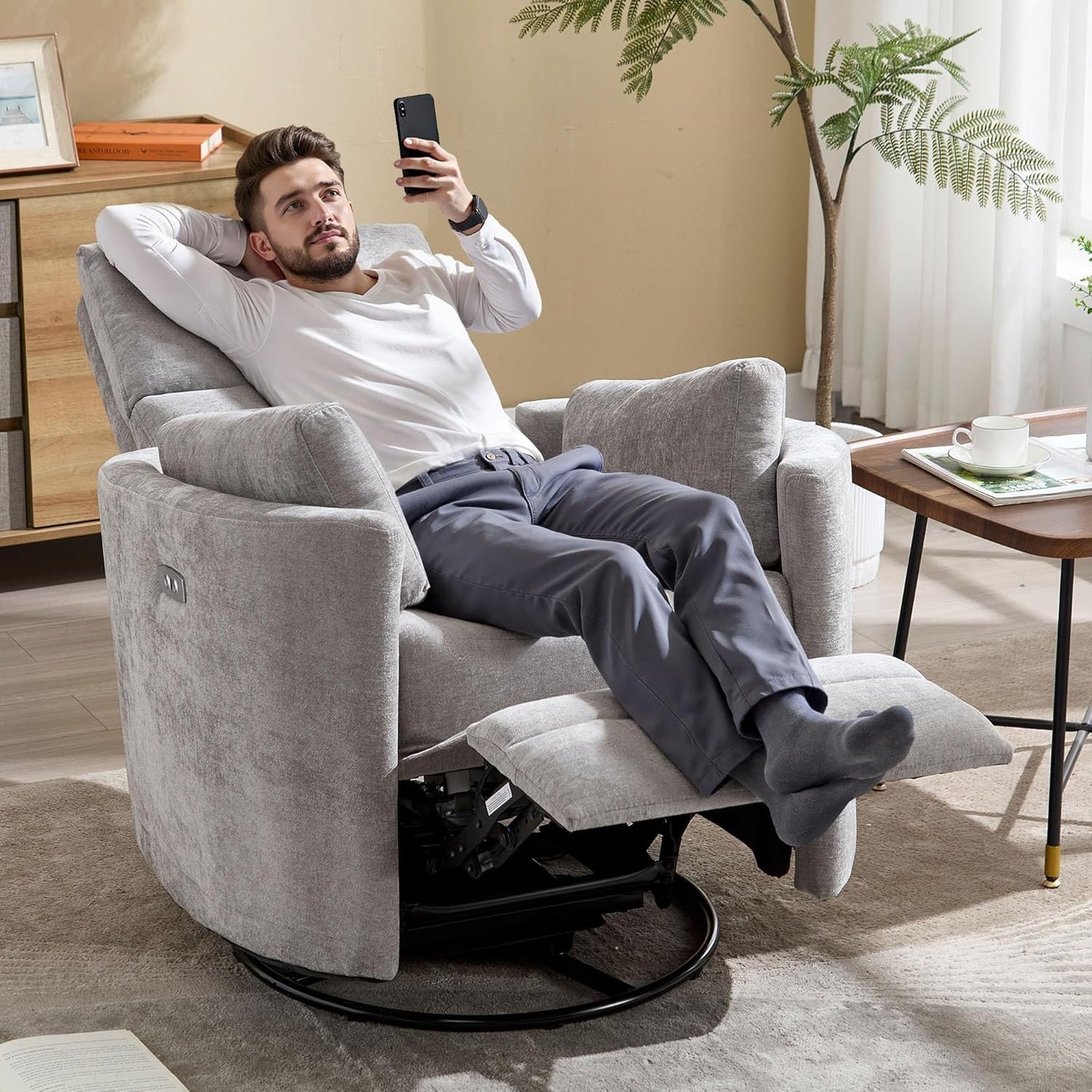 Power Recliner, Upholstered Nursery Adult Swivel Rocking Glider, Electric Recliner Chair with USB Port with 2 Pillows for Living Room Bedroom (LIGHTGREY, Power-Driven)