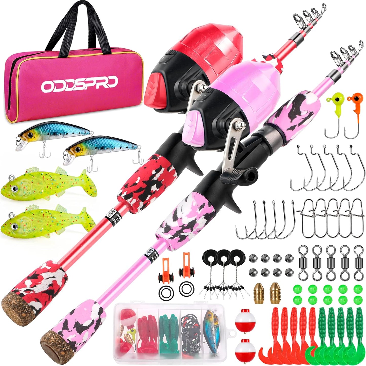 ODDSPRO Kids Fishing Pole Pink, Portable Telescopic Fishing Rod and Reel Combo Kit - with Spincast Fishing Reel Tackle Box for Girls, Youth