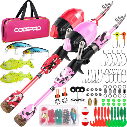 ODDSPRO Kids Fishing Pole Pink, Portable Telescopic Fishing Rod and Reel Combo Kit - with Spincast Fishing Reel Tackle Box for Girls, Youth