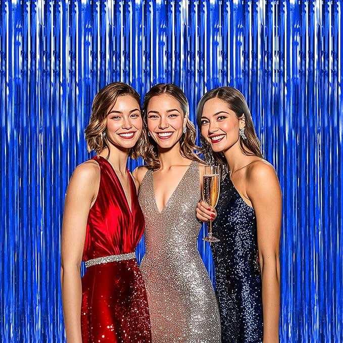 BTSD-home Blue Foil Fringe Curtain, Metallic Photo Booth Backdrop Tinsel Door Curtains for Wedding Birthday Bridal Shower Baby Shower Bachelorette Christmas Party Decorations(4 Pack, 8ft x 3ft)