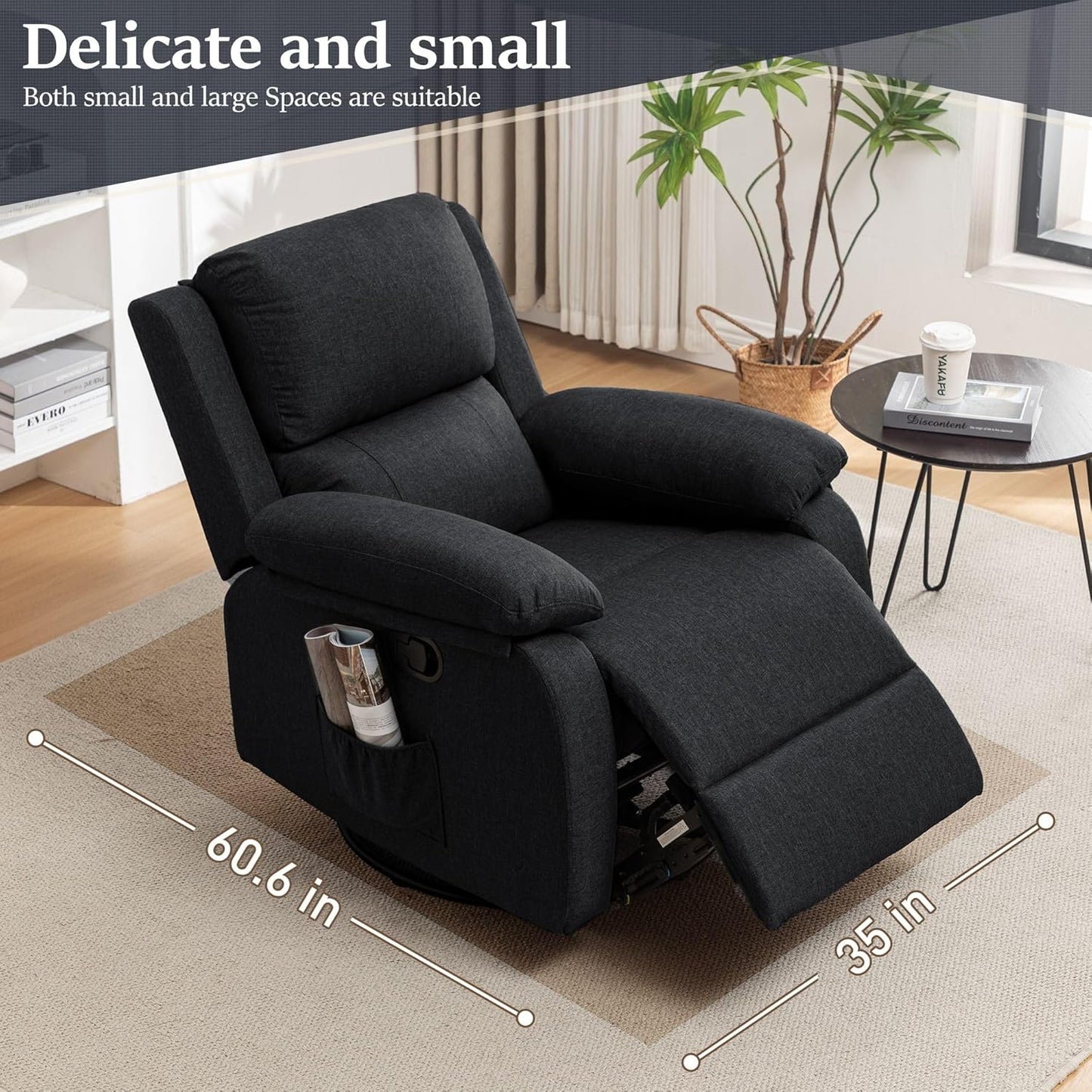 Recliner Chair, 360 Swivel Rocker Chair for Adults, Small Rocking Recliner Chair for Small Spaces, Upholstered Fabric Glider Recliner Nursery Chair with Side Pockets for Living Room, Nursery
