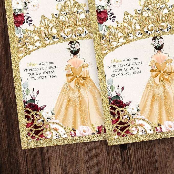 50Pcs Gold Crown Quinceanera Invitation for 15 year, Sweet 16, Miss XV, Birthday Laser Cut Quince Invitation Cards Personalized Glitter Gold