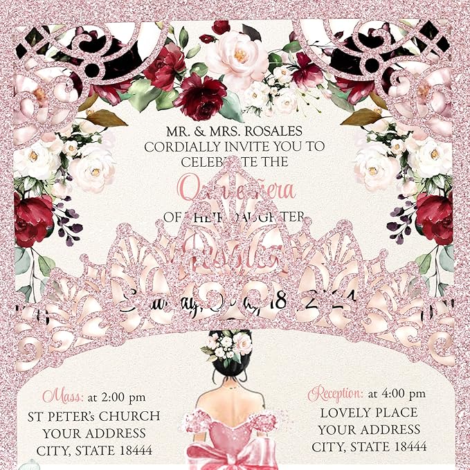 50Pcs Pink Crown Quinceanera Invitation Burgundy for 15 year, Sweet 16, Miss XV, Birthday Laser Cut Quince Invitation Cards Personalized Glitter Pink