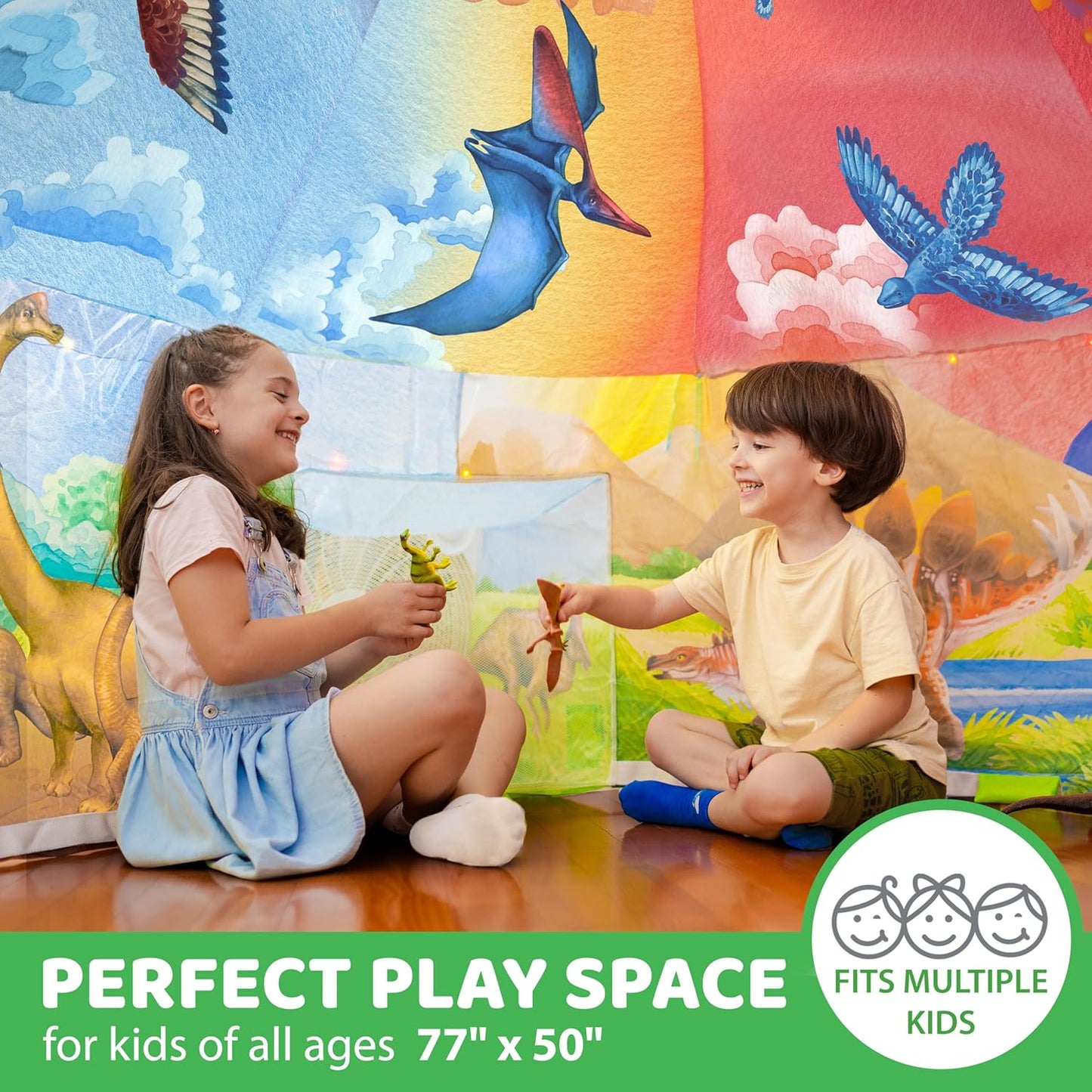 W&O Dino Aerodome with LED Lights - Inflatable Jurassic Fort for Kids Aged 3-12, Inflates in Seconds Creating an Immersive Dinosaur Experience (Fan Not Included)