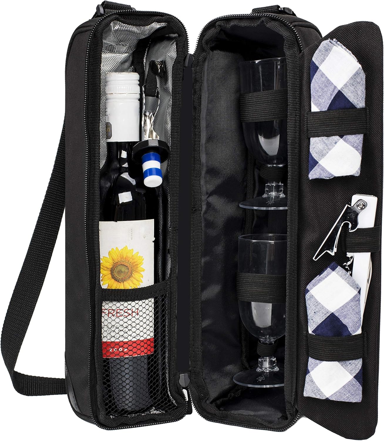 ALLCAMP Wine Bag - Insulated Cooler Bag with Wine Glasses, Bottle Opener & Wine Accessories for Wine Lovers - Portable Wine Gift Bag for Travel, Picnics, and Gift Ideas(Black)