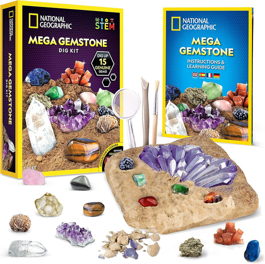 NATIONAL GEOGRAPHIC Mega Gemstone Dig Kit – Dig Up 15 Real Gemstones and Crystals, Science Kit for Kids, Gem Digging Kit, Gift for Girls and Boys, Mining Kit, Rock Collection