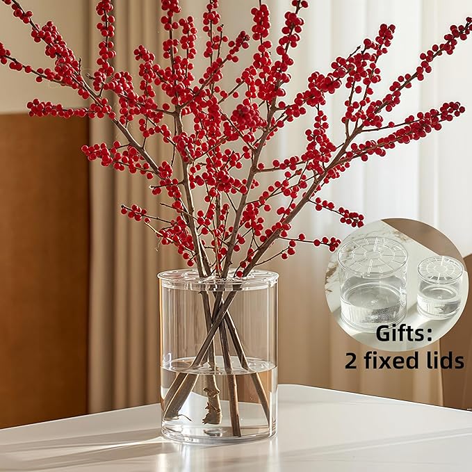 2 Acrylic Cylinder Clear Vase for Centerpieces, Tall Large Unbreakable Plastic Flower Vases for Home Decor (D 4.8" X H 7.8" - H 12" + 2 Holder)