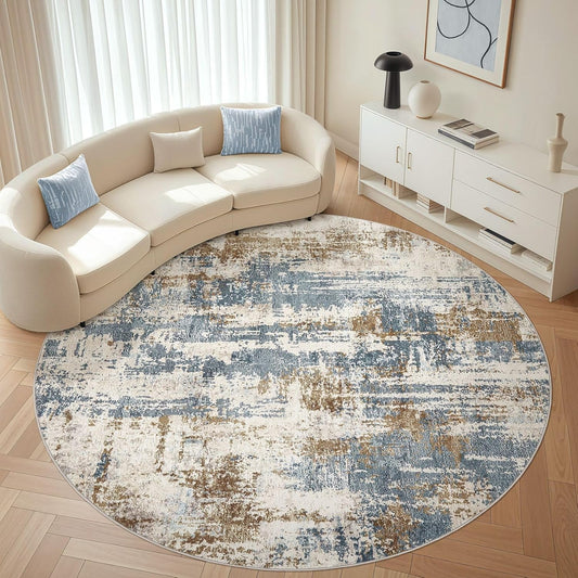 Round Rug Living Room Rugs: 10Ft Washable Circle Large Abstract Modern Soft Stain Resistant Non Slip Indoor Floor Carpet for Bedroom Nursery Office Dining Room Dorm Home House Decor- Tan Blue