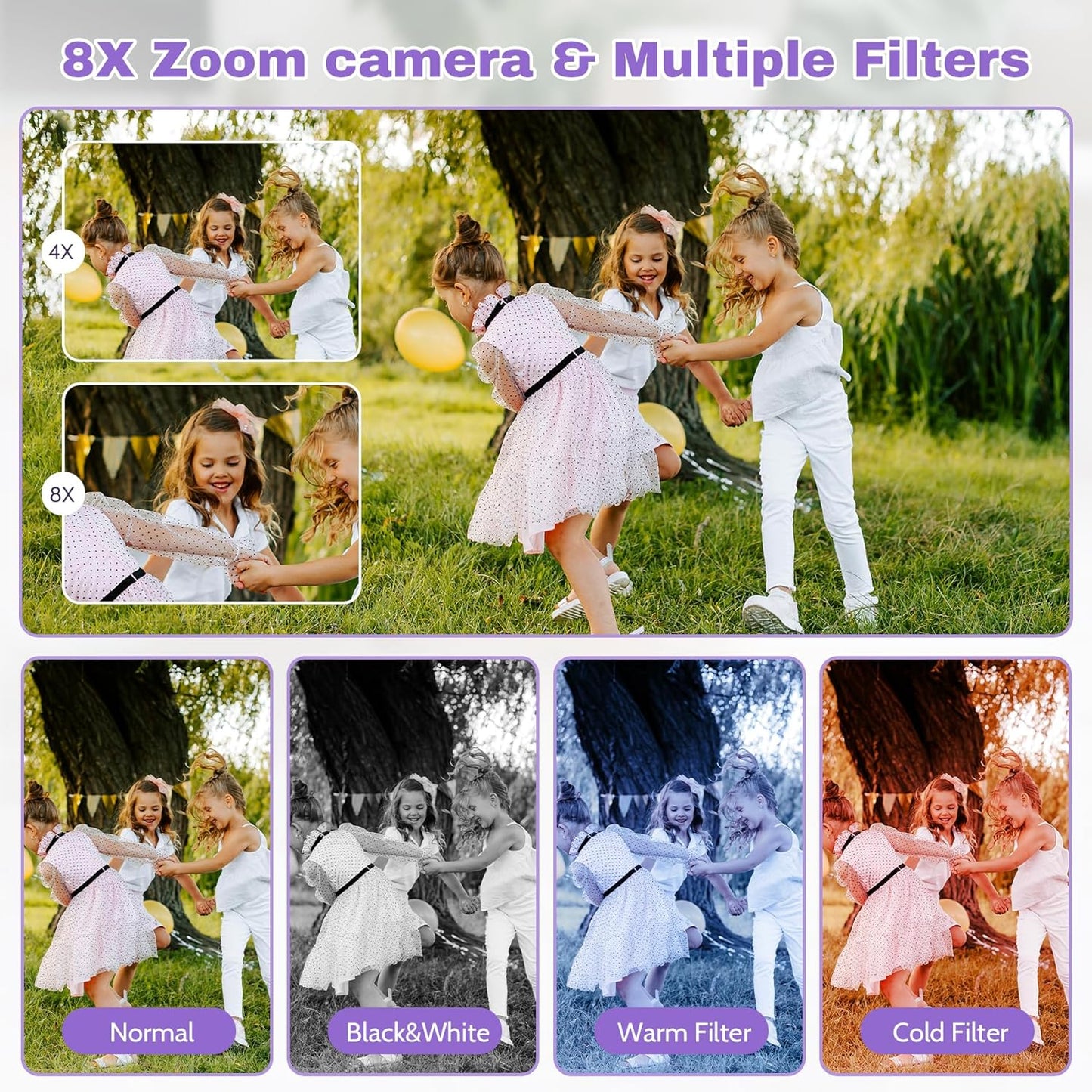Digital Camera FHD 1080P Video & 8X Digital Zoom - Compact Point and Shoot Digital Camera with 2.4" Screen, 800mAh Rechargeable Battery Portable Small Camera for Kids Teens Girls Boys(Purple)