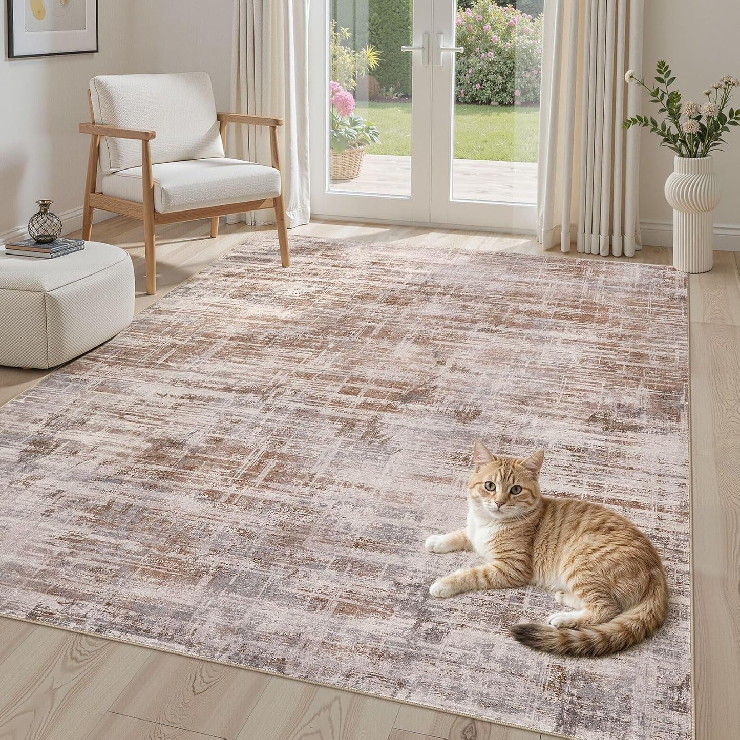 Area Rug for Living Room: 4x6 Washable Neutral Abstract Modern Soft Rugs Non Slip Indoor Floor Stain Resistant Carpet for Bedroom Dining Room Office Nursery - Red Brown