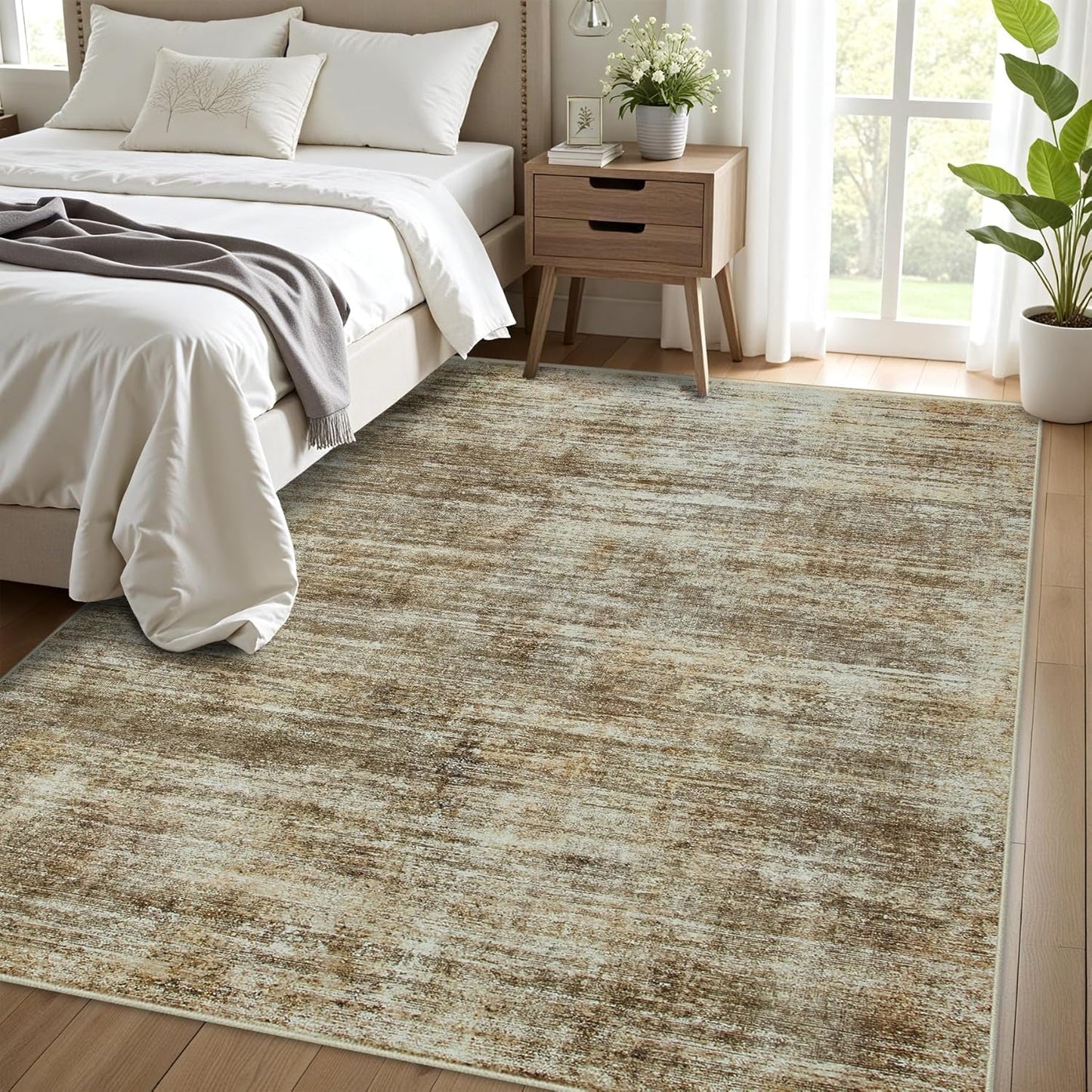 Washable Rug 6x9 Area Rugs, Abstract Large Living Room Rugs with Non-Slip Backing, Thin Carpet for Dorm Dining Room Table Nursery Indoor Home Office-Brown