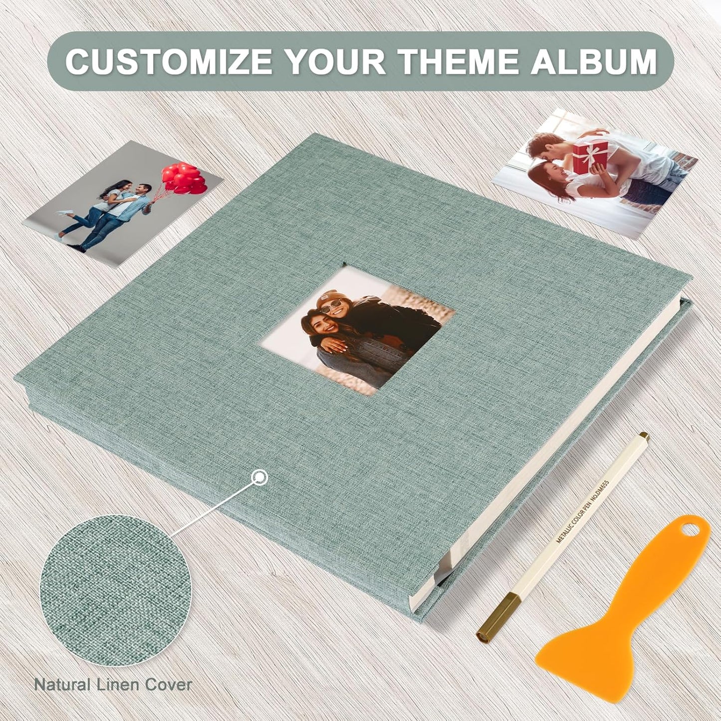 Photo Album Self Adhesive Pages Scrapbook Magnetic Photo Albums for 4x6 5x7 8x10 Pictures Sticky Pages Books for Baby Family Wedding 13.2x12.8 Green 60 Pages