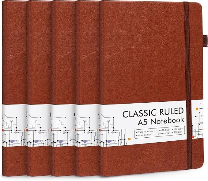 feela 5 Pack Journal Notebook Bulk for School, Hardcover Business Notebooks Classic Ruled Lined Journals with Pen Holder for Work Note Taking, with 5 Black Pens, 120 GSM, 5.1”x8.3”, A5, Brown