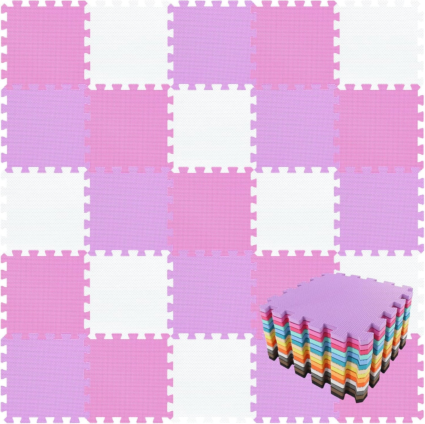 qqpp EVA Rubber 18 Tiles Interlocking Puzzle Foam Floor Mats - Baby Play Mat for Playing | Exercise Mat for Home Workout. White, Pink, Purple. QC-ACKb18N