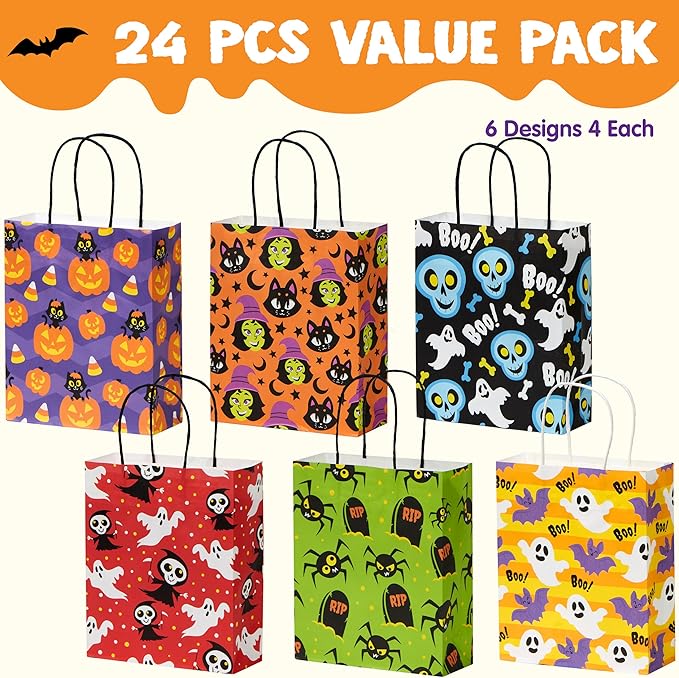 JOYIN 24 Pcs Halloween Paper Goodie Bags with Handles in 6 designs for Halloween Trick or Treat, Colorful Candy Bags for Party Favor, Party Supplies