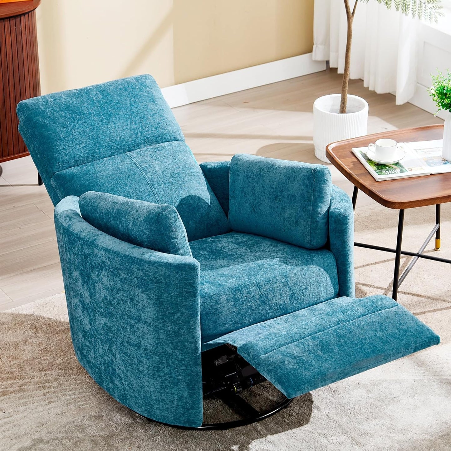 Recliner 360°Swivel Glider Rocking Chair Nursery Multifunction Living Room Bedroom Adult Rocking Chair with 2 Pillows(Blue, Manual Operation)