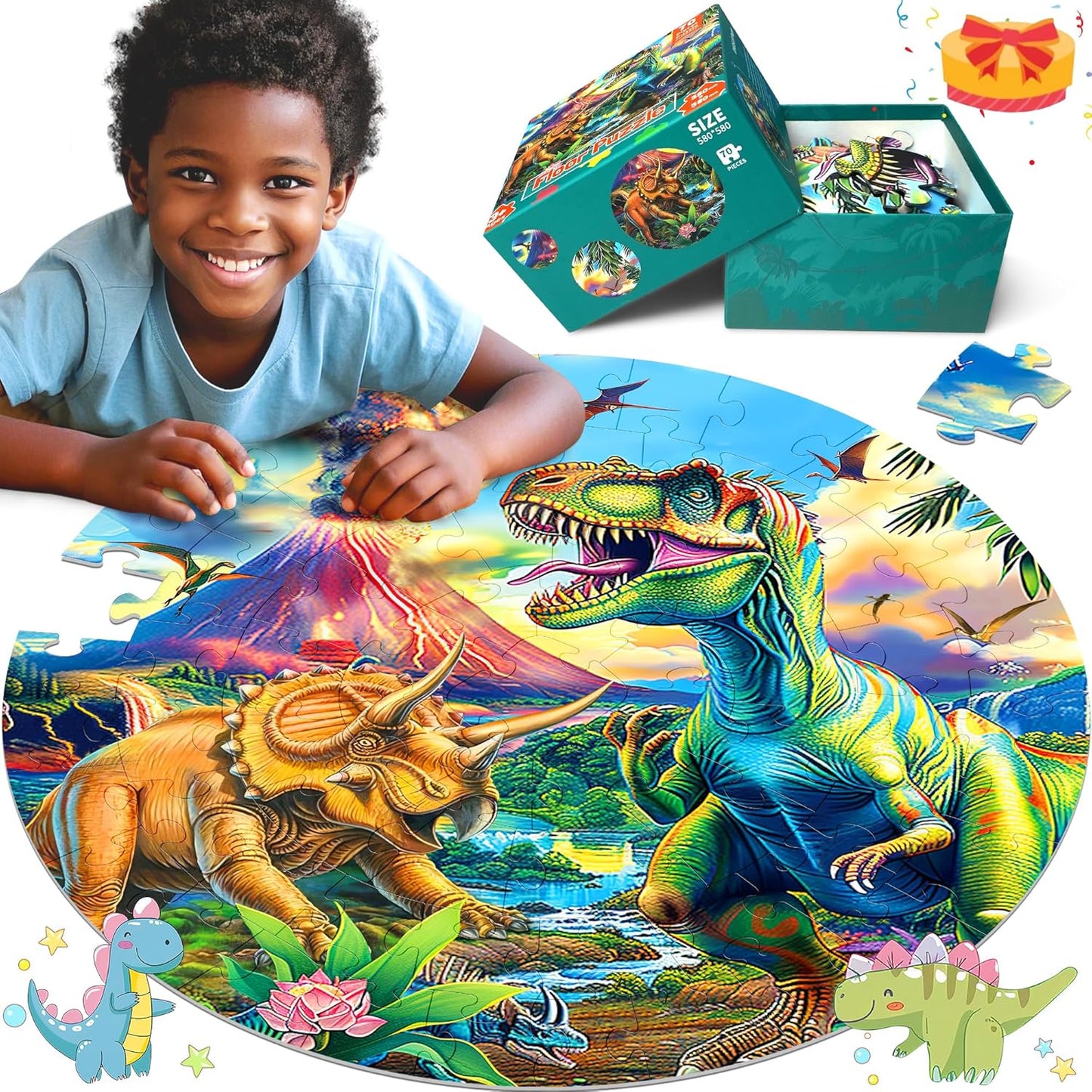 ZIZZ Dinosaur Floor-Puzzles Toy for Kids: 70Piece Dinosaur Puzzle for Kids Age 3 4 5 6 7 8 Year Olds Boy Learning & Educational Games Toys Toddlers Best Gifts for Birthday Christmas