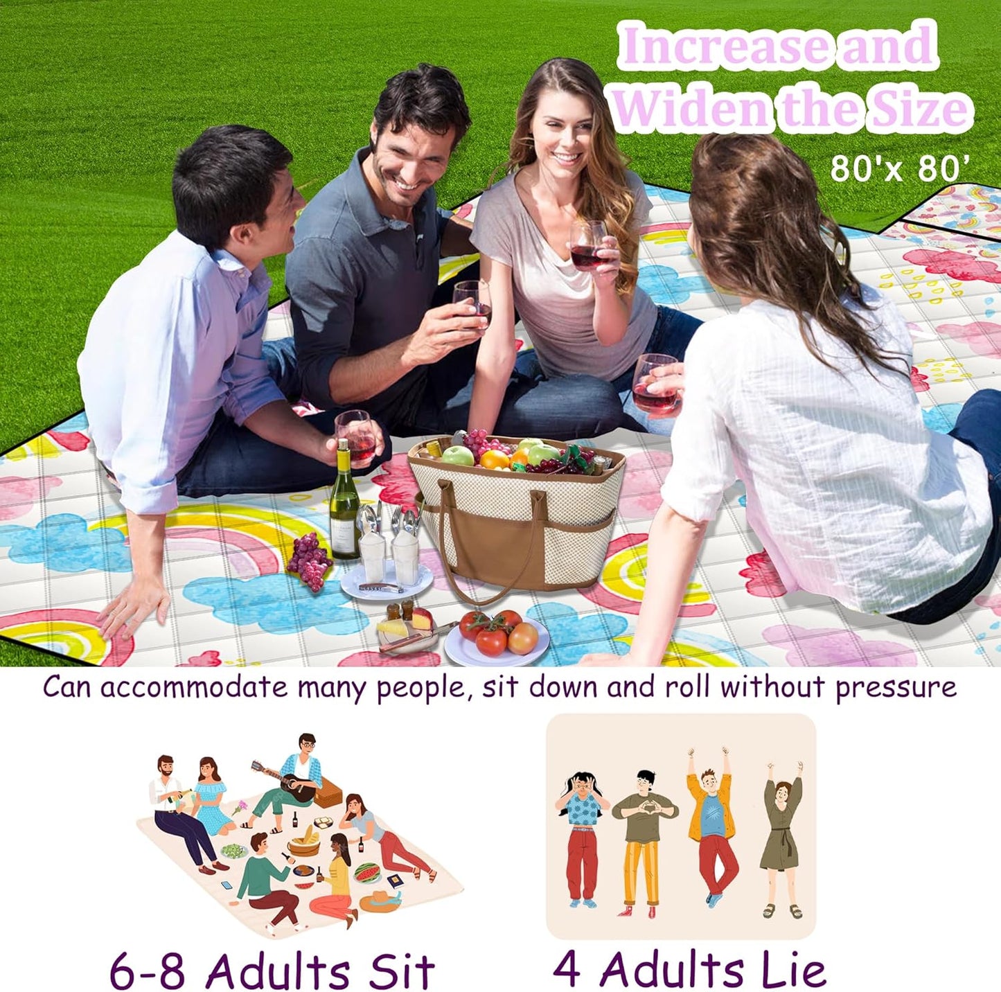 Extra Large Picnic Blanket Waterproof,80"x 80"Foldable Machine Washable Beach Blanket,Outdoor Blanket for 6-8 Adults,Picnic Mat Suitable for Indoor Crawling,Park Beach,Camping,Hiking,Travel (Rainbow)