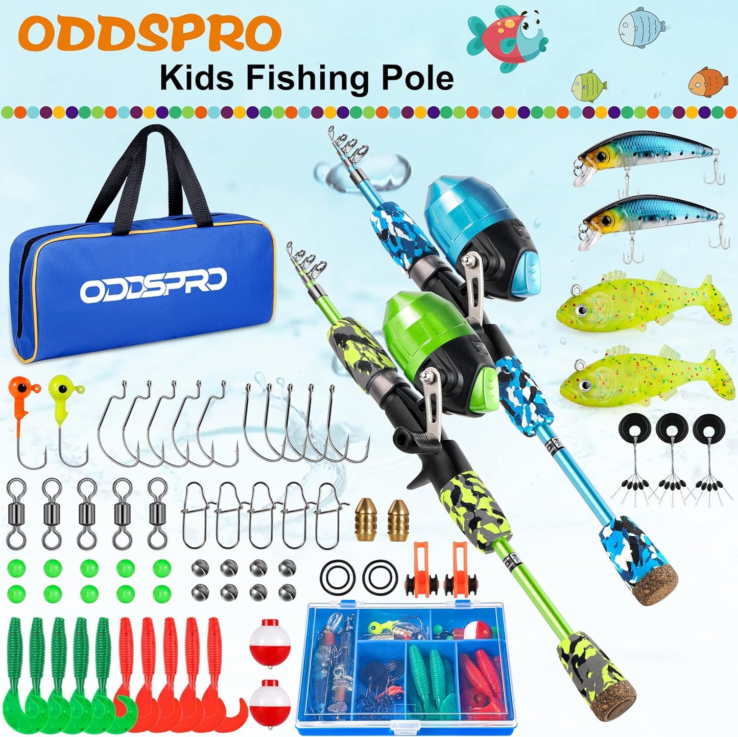 ODDSPRO Kids Fishing Pole Pink, Portable Telescopic Fishing Rod and Reel Combo Kit - with Spincast Fishing Reel Tackle Box for Girls, Youth