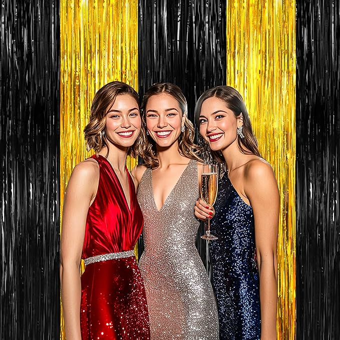 BTSD-home 4 Pack Black Gold Metallic Foil Fringe Curtain Tinsel Streamer Party Decorations Photo Booth Backdrop for Bachelorette Birthday Halloween