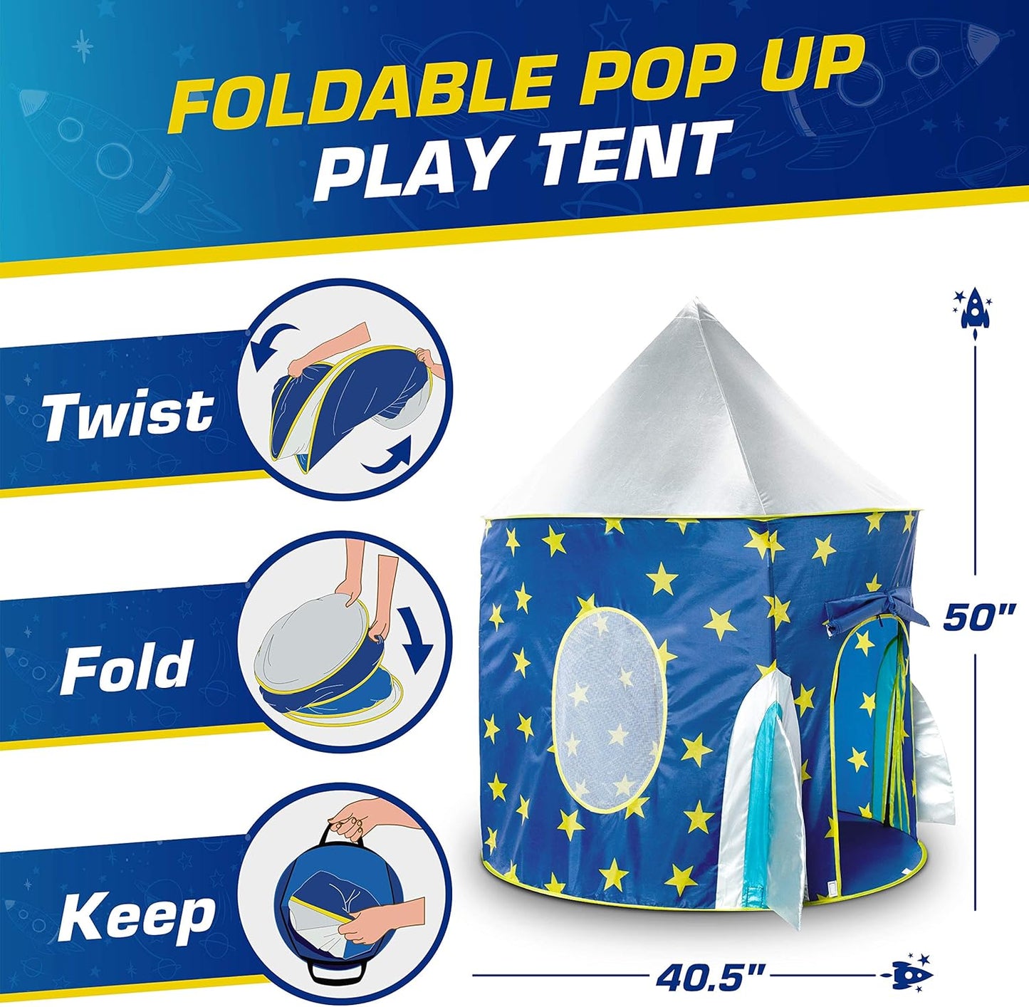 USA Toyz Rocket Ship Pop Up Kids Tent - Spaceship Rocket Indoor Playhouse Tents for Boys and Girls with Included Space Projector Toy and Storage Carry Bag