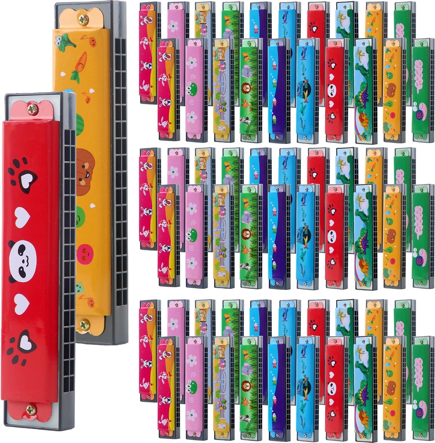100 Pcs Kids Cartoon Harmonica Bulk 16 Holes Plastic Harmonica Toys for Children Beginners Party Goodie Bags Stuffers, Random Color Pattern