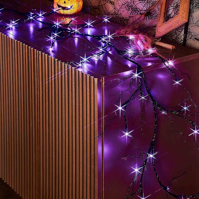 Hairui Lighted Halloween Garland with 48L Orange and Purple Bi-Color LED Lights 8 Functions, Black Glittered Garland Lights Battery Operated 6FT for Indoor Outdoor Halloween Party Decoration