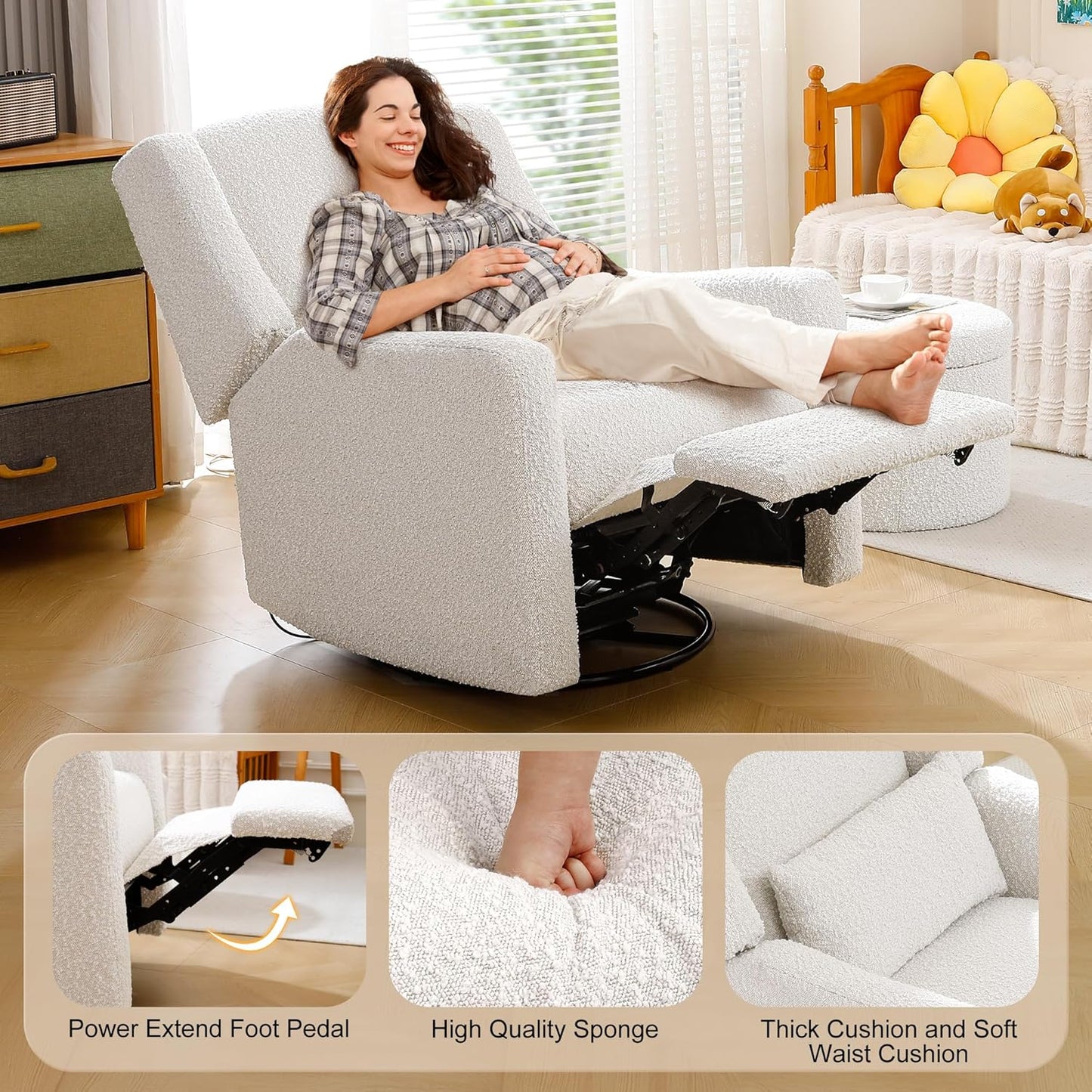 Power Recliner Chair Swivel Gilder Rocking Chairs Skin-Friendly Power Recliner Nursery Chair for Adults with Waist Pillow, USB Charging, Ottoman (Beige, Recliner Chair with Ottoman)