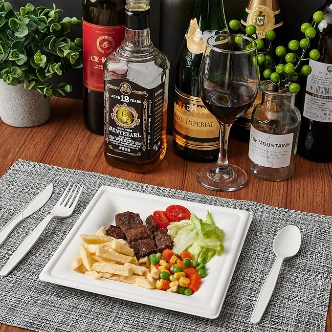 ECOLipak 150 Piecs Square Paper Plates, 8-inch Compostable Disposable Plates, Eco-friendly Heavy Duty Biodegradable Sugarcane Plates for Party Dinner Birthday