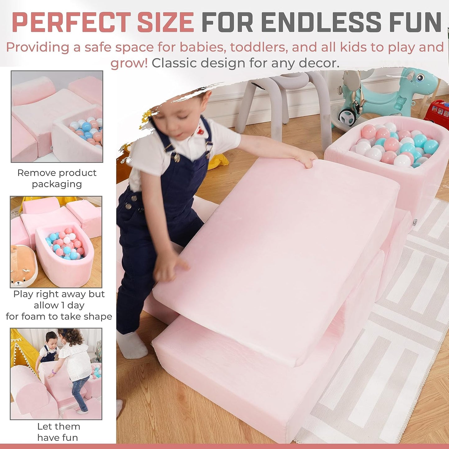 Foam Climbing Blocks for Toddlers 1-3 - Climb and Crawl Activity Playset - Indoor Activity Play Structure for Toddlers - Foam Soft Play Set for Babies - 5 PCS - Balls NOT Included - Pink