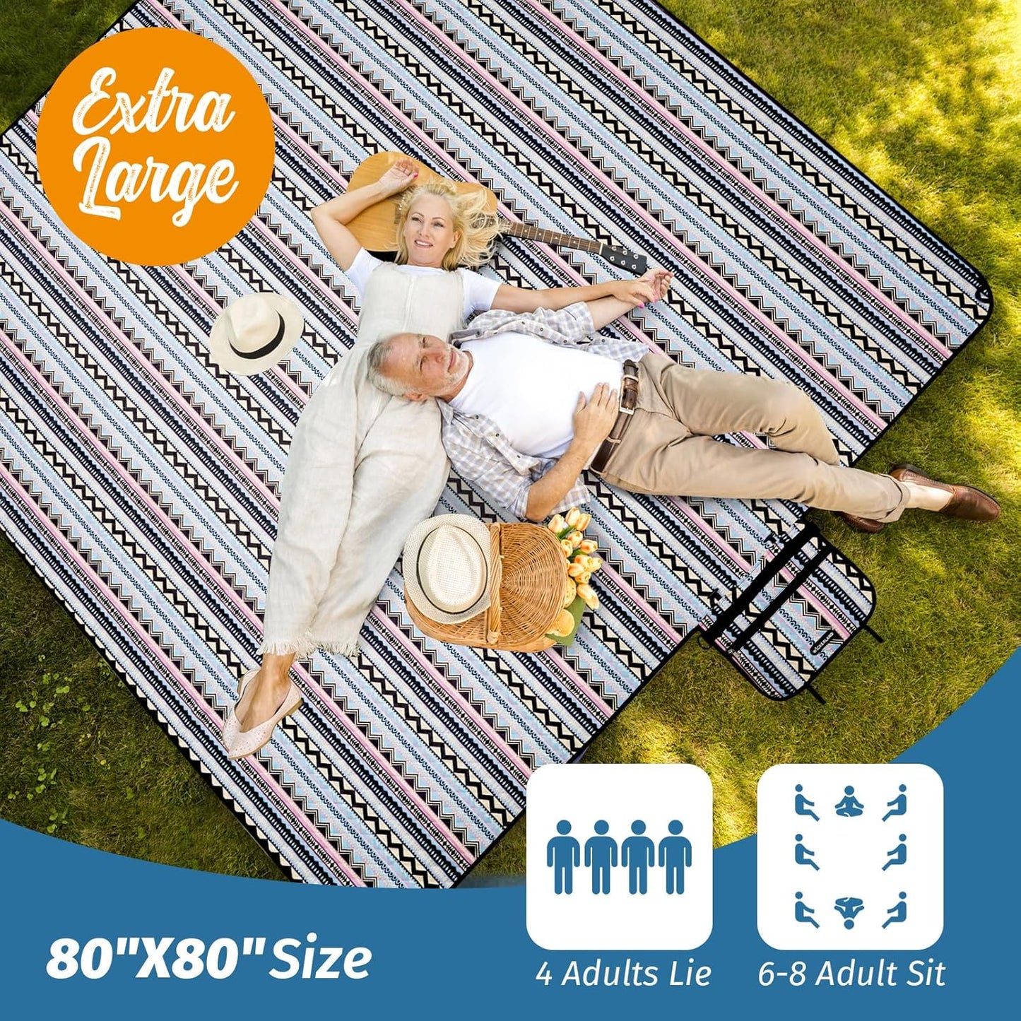 Picnic Blankets Extra Large Outdoor - Beach Blanket Waterproof Sandproof with Shoulder Strap, Machine Washable, Picnic Mat with Stakes for Grass Concert, Park.BohoGeometry