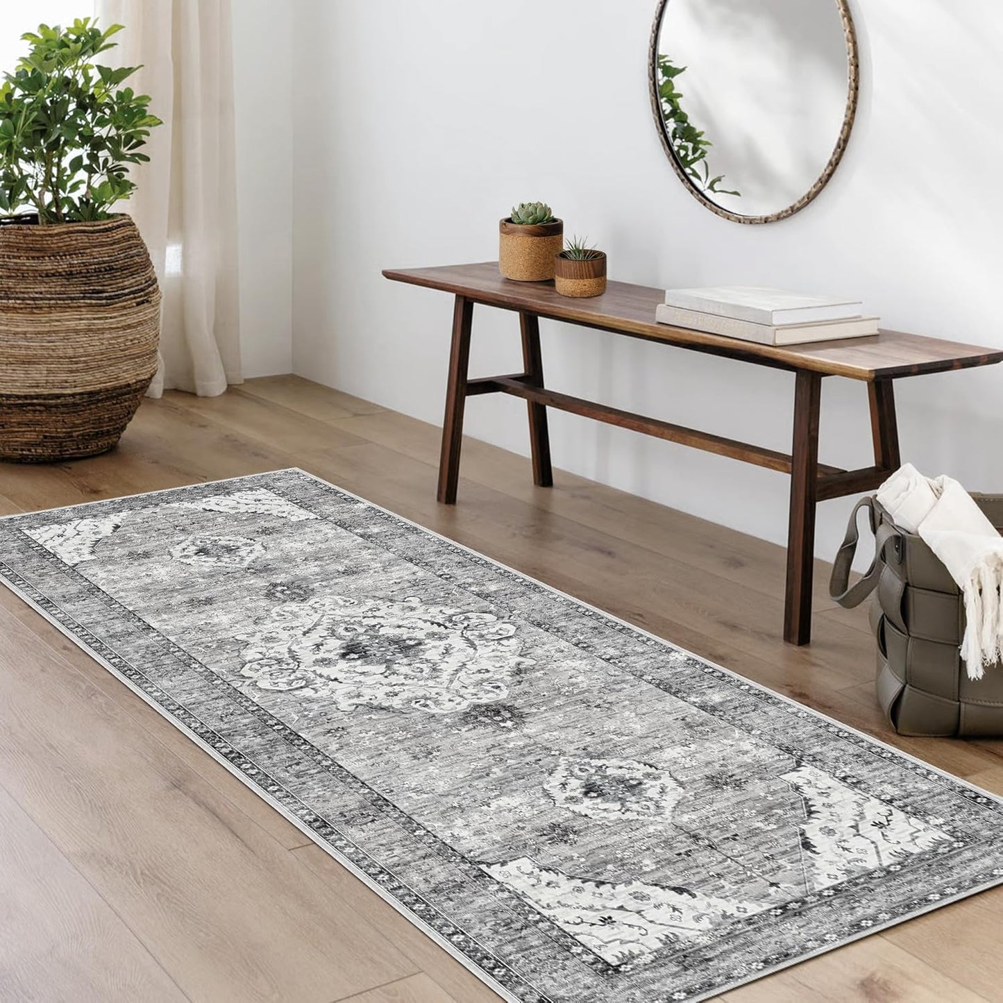 Grey 2x4 Rugs Boho Washable Small Area Rugs for Entryway Bathroom Kitchen, Small Rugs Soft Low Pile Non-Slip Rubber Backing Oriental Door Mat(Border Grey)
