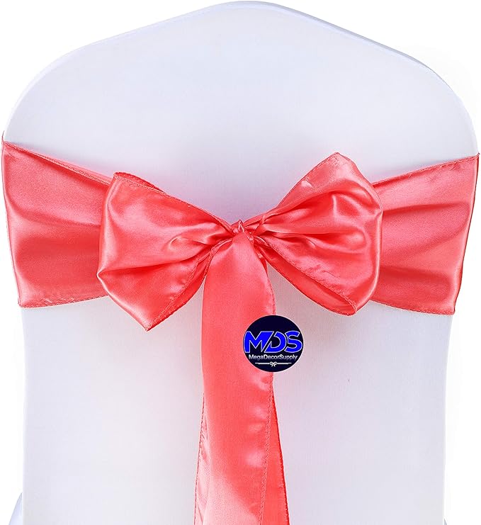 MDS Pack of 10 PCS Satin Chair Sashes Charmeuse Sateen Dining Chair Bows Ribbon Ties Back Sash for Wedding Party Birthday Home Hotel Restaurant Banquet Decoration (7 x 108 Inch, Coral)