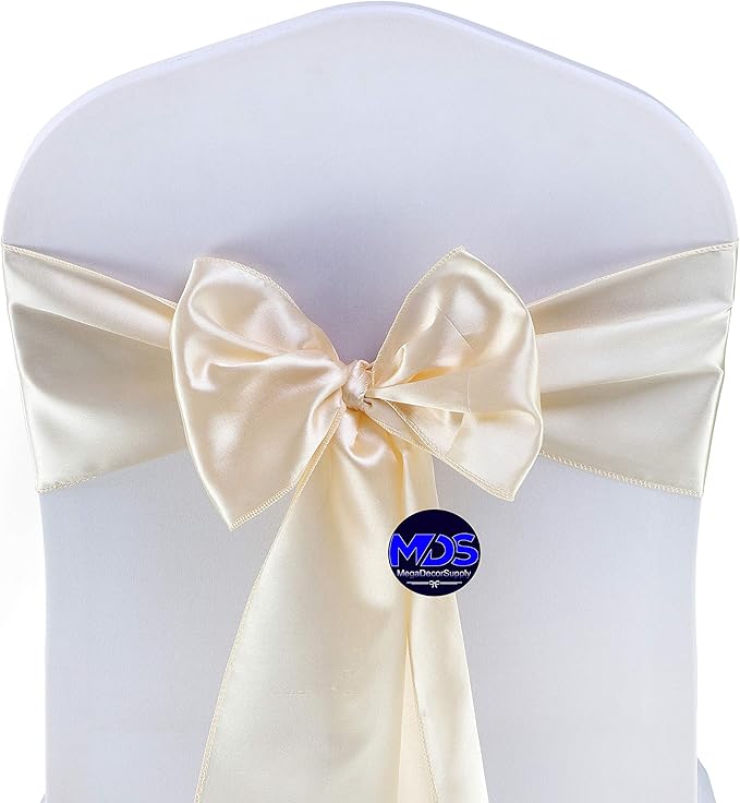 MDS Pack of 300 PCS Satin Chair Sashes Charmeuse Sateen Dining Chair Bows Ribbon Ties Back Sash for Wedding Party Birthday Home Hotel Restaurant Banquet Decoration (7 x 108 Inch, Cream)