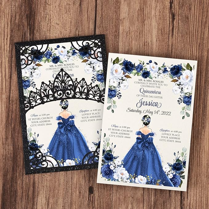 50Pcs Navy Blue Crown Invitations for Quinceanera, 15 year, Sweet 16, Miss XV, Birthday Laser Cut Quince Invitation Cards Personalized Pearlized Black