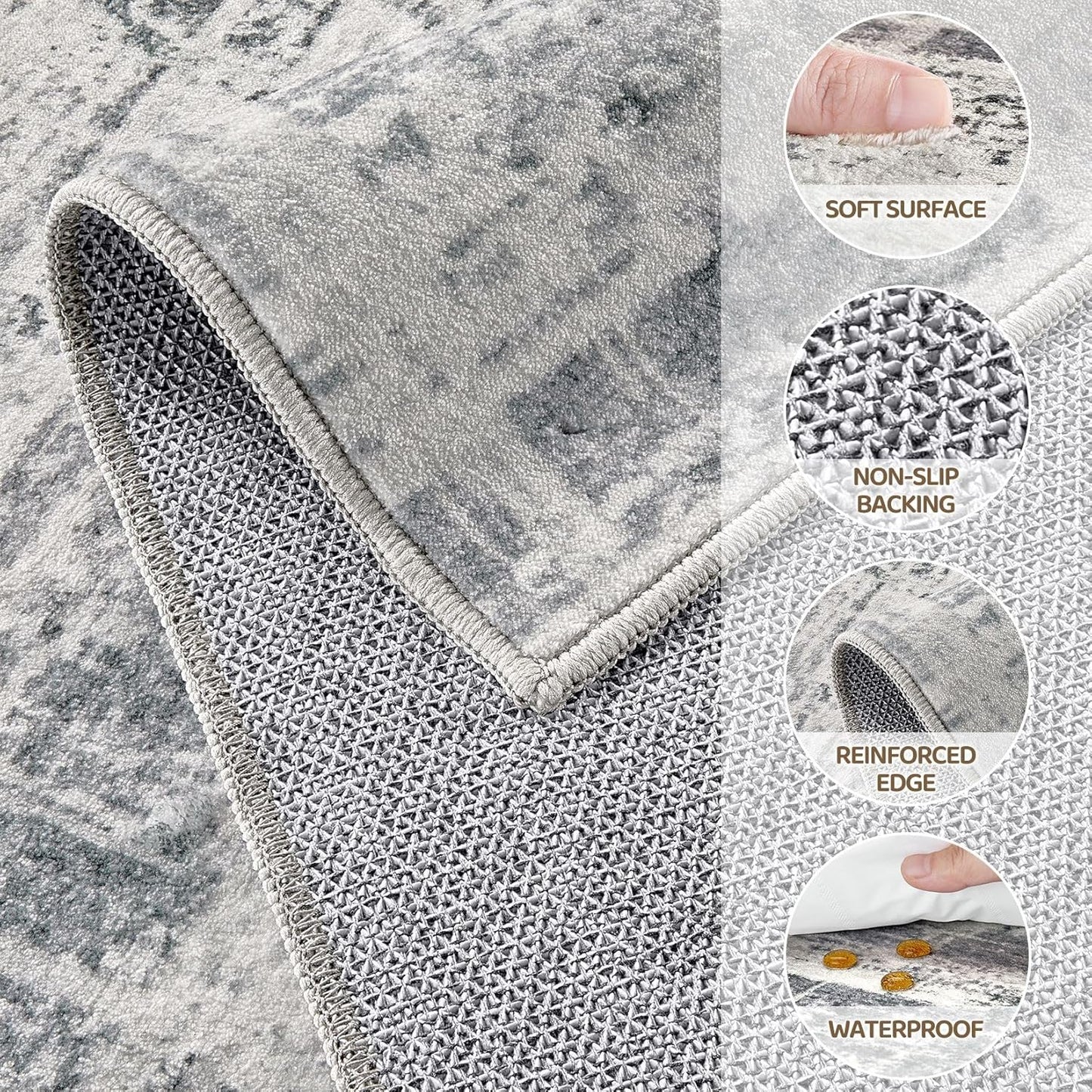 Area Rug for Living Room: 7x9 Washable Neutral Abstract Modern Soft Rugs Non Slip Indoor Floor Stain Resistant Large Carpet for Bedroom Dining Room Office Nursery - Gray