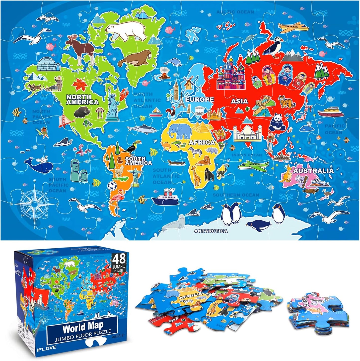 Jumbo Floor Puzzle for Kids,World Map Jigsaw Geography Puzzles,48 Piece Globe Atlas Puzzle with Continents,United States Puzzle for Ages 3-5,Preschool Learning Toys Gift for 4-8 Years Old