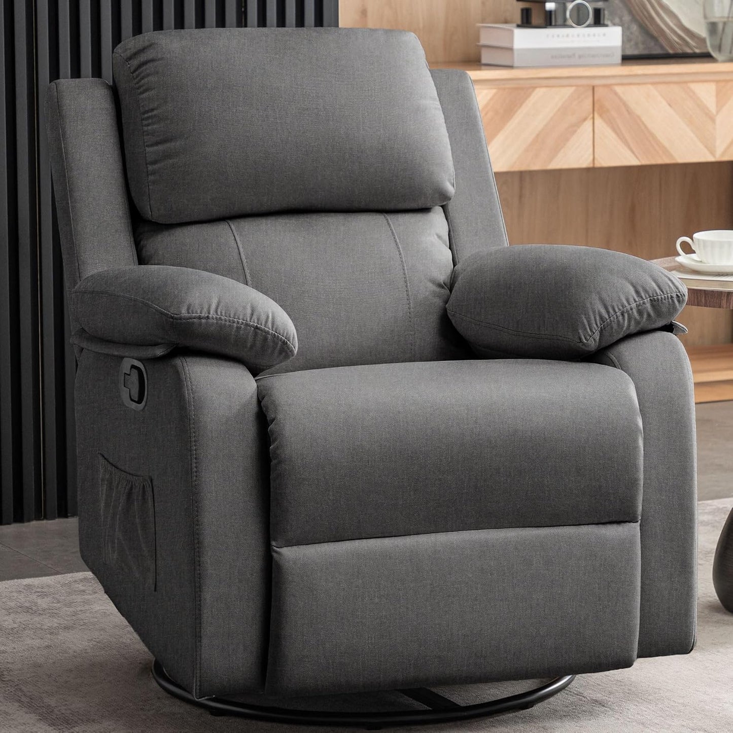 Recliner Chair, 360 Swivel Rocker Chair for Adults, Small Rocking Recliner for Small Spaces, Upholstered Fabric Glider Recliner Nursery Chair with Side Pockets for Living Room, Nursery