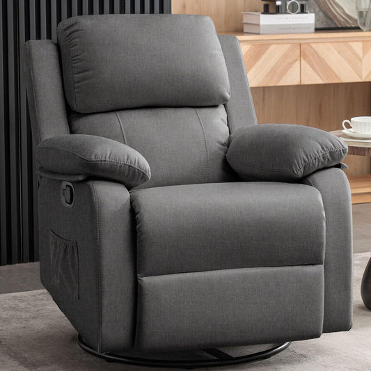 Recliner Chair, 360 Swivel Rocker Chair for Adults, Small Rocking Recliner for Small Spaces, Upholstered Fabric Glider Recliner Nursery Chair with Side Pockets for Living Room, Nursery