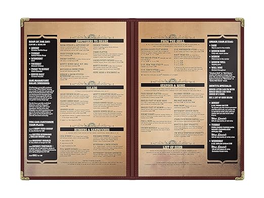 Goodsmart Restaurant Menu Covers – 25 Pack Burgundy 4-View 8.5" x 14", Side-Loading Vinyl & Plastic Menu Holders, Clear Menu Sleeves, Leather-Style Café Covers with Gold Corners