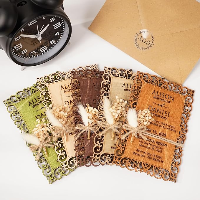 Personalized Wedding Invitations, Laser Cut Wedding Invitation, Flower Wooden Invitations with Envelopes & Stickers, Easy Personalization, 5 Different Color Options