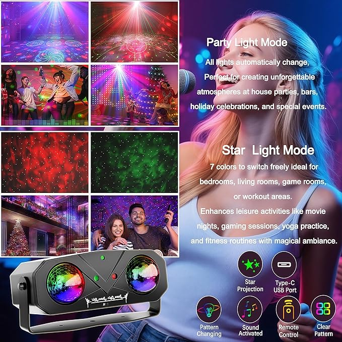 Party Lights DJ Disco Lights, Sound Activated Disco Ball Strobe Stage Light Star Ocean Projector with Remote Control for Home Decoration Parties Gift Club Bar Festival Christmas Birthday Wedding