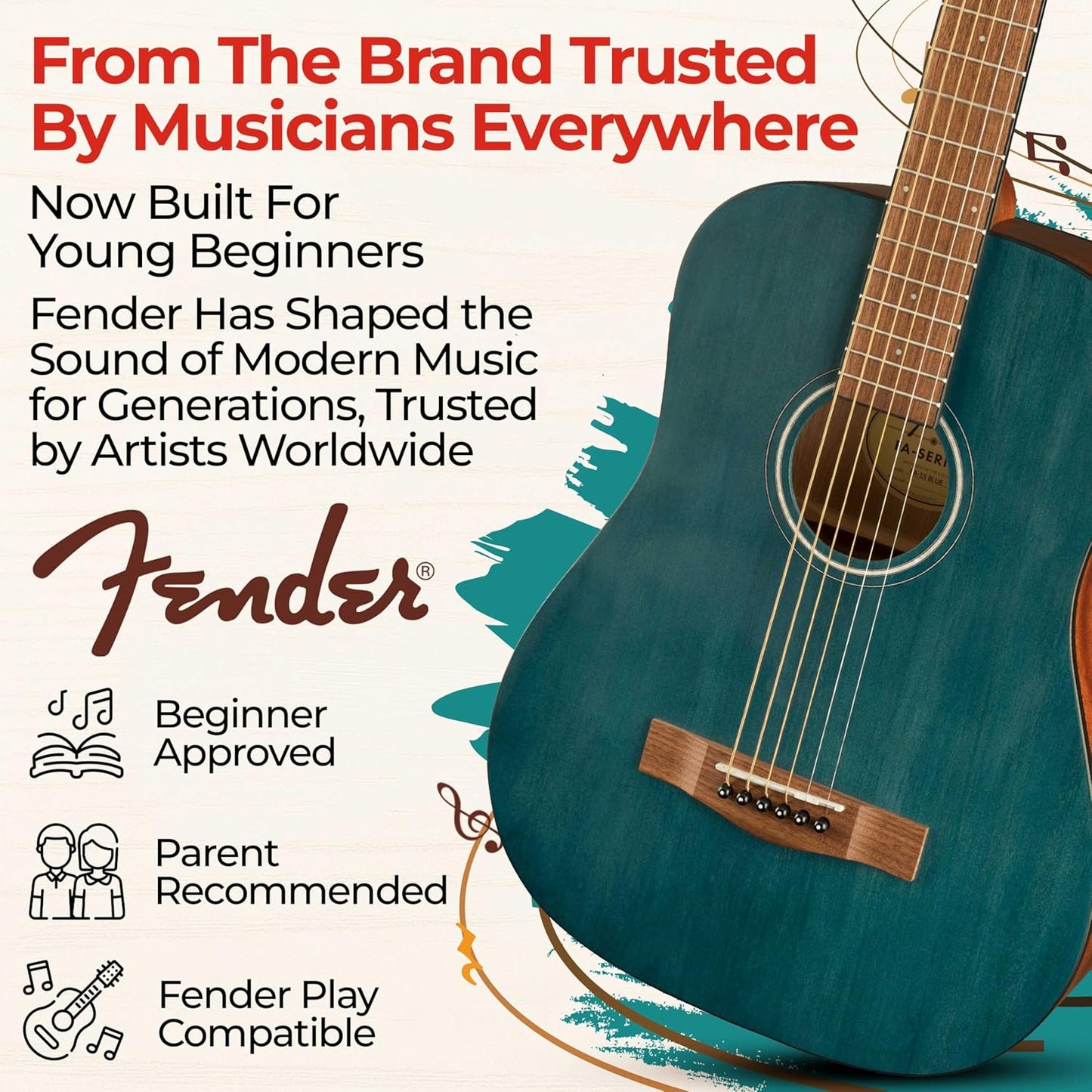 Fender FA-15 3/4-Scale Kids Steel String Acoustic Guitar - Blue Learn-to-Play Bundle with Gig Bag, Strap, Picks, Fender Play Online Lessons, and Austin Bazaar Instructional DVD