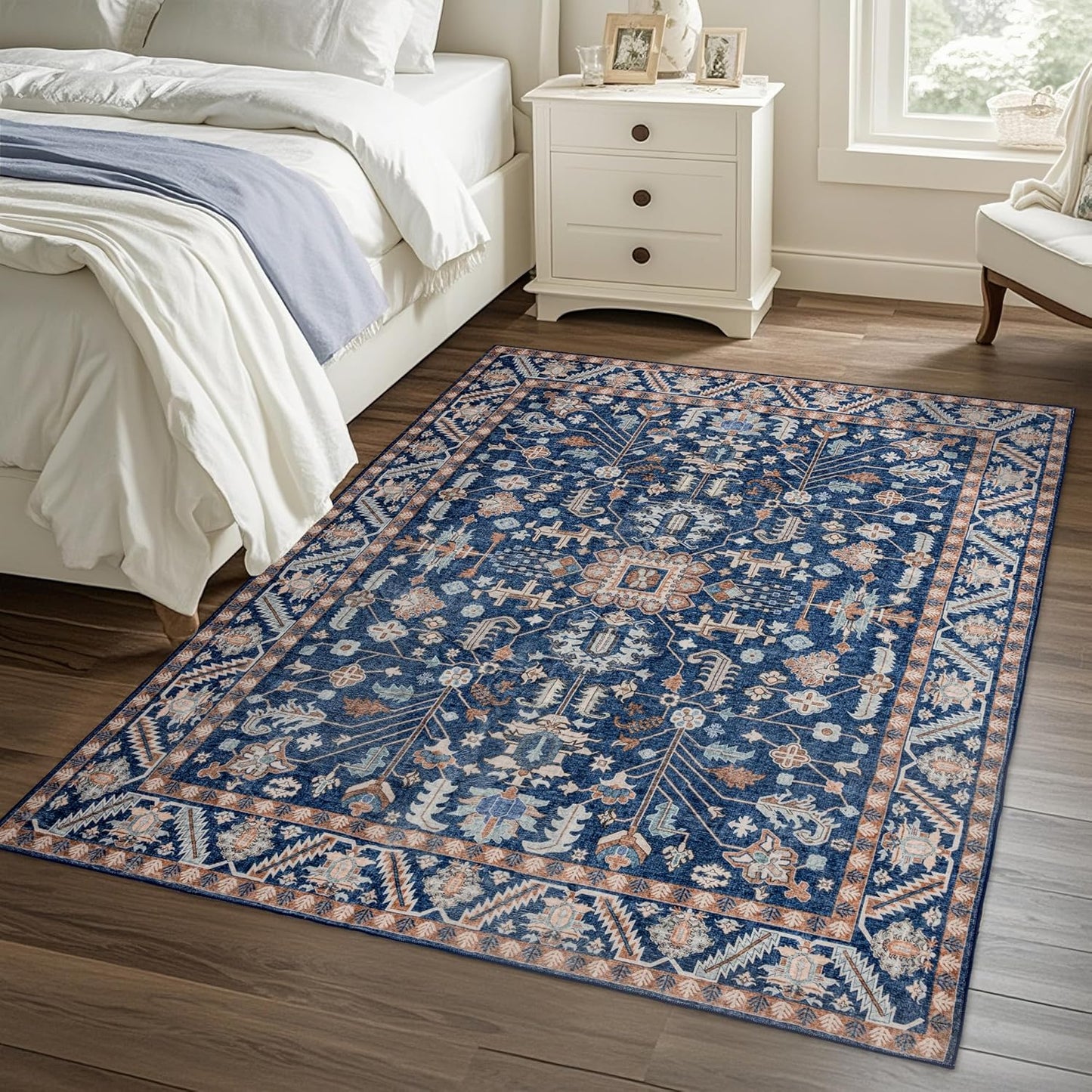 4x6 Area Rug Washable: Oriental Soft Area Rug for Living Room Bedroom No Shedding - Low Pile Thin Carpet Rug for Dining Room Non Slip - Boho Vintage Rug for Home Decor - Navy Blue