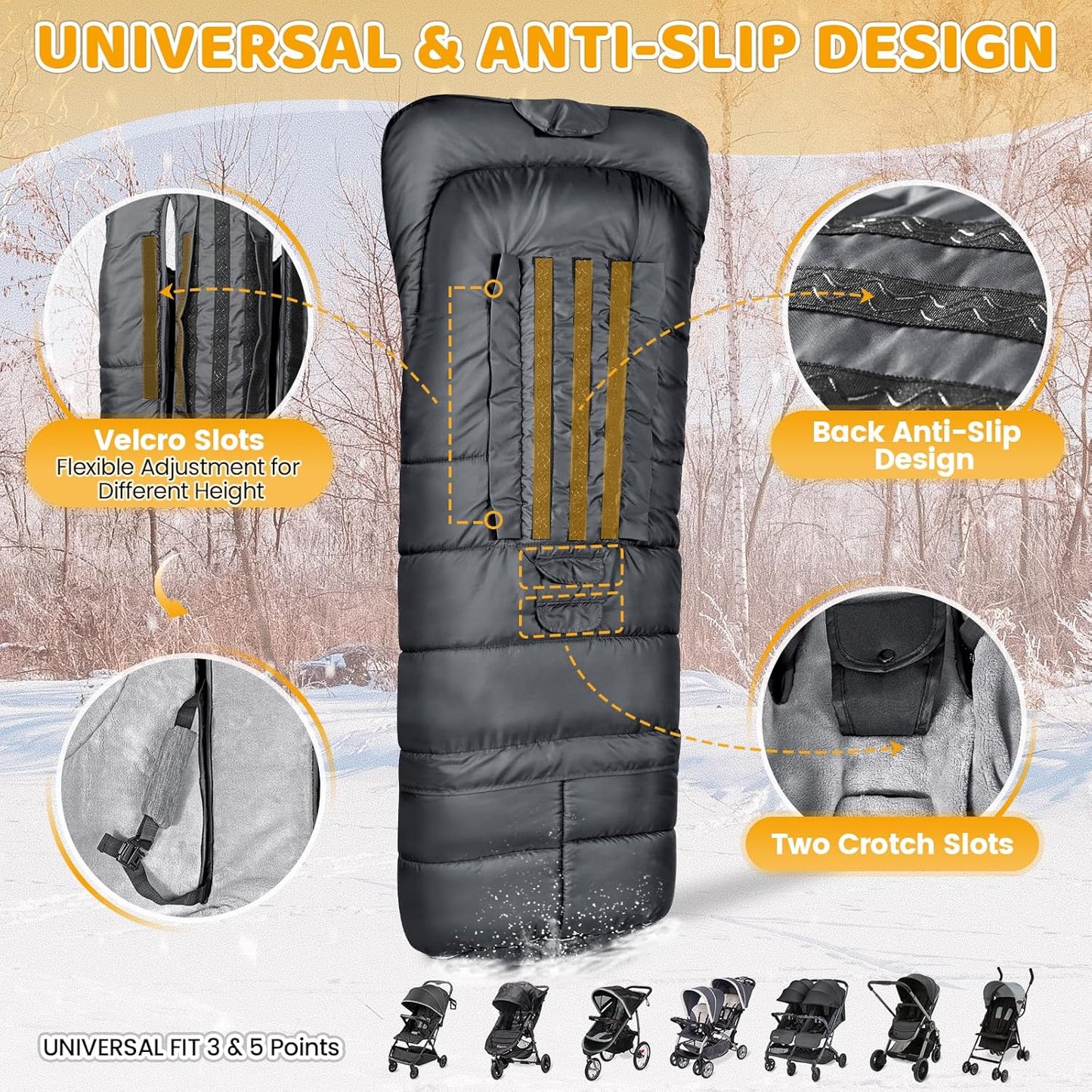 Orzbow Universal Stroller Bunting Bag with Extra Footmuff for Toddler, Kids, Warm Waterproof Stroller Blanket, Winter Cover, Baby Bunting Bag - Protect Babies from Cold Winds, Dark Grey