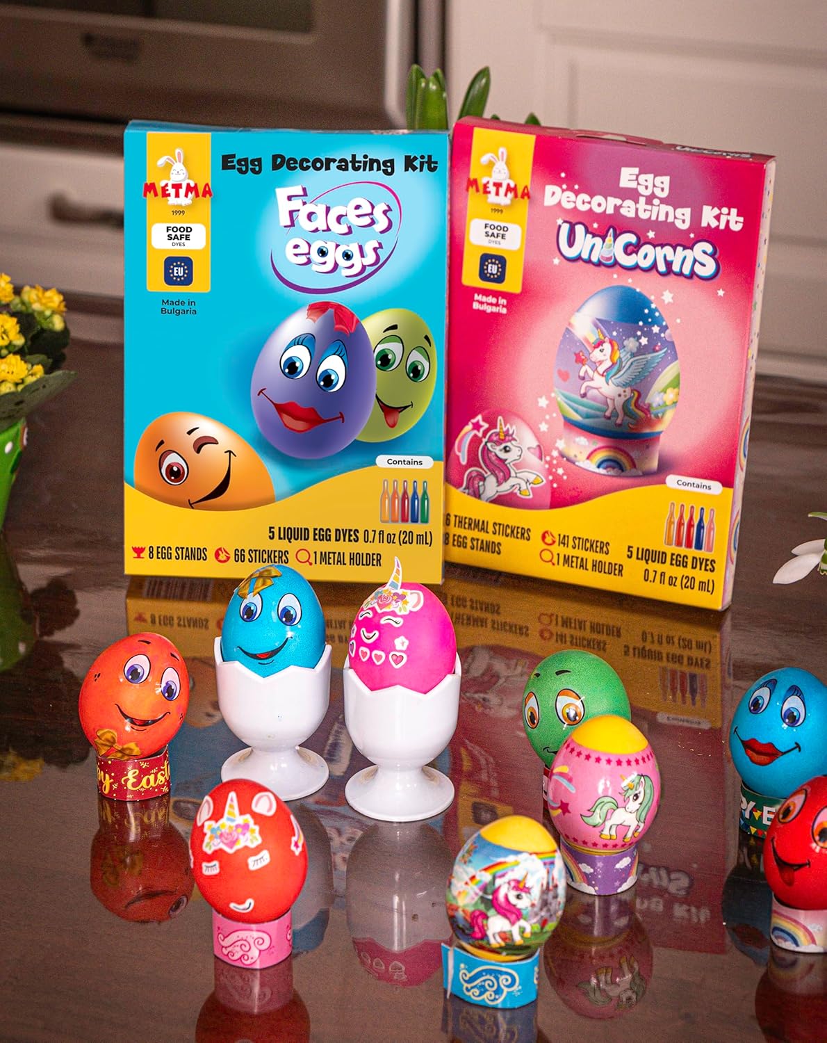 METMA 1999 Egg Decorating Kit Faces - Complete Decorative Eggs Set with Liquid Dyes, Stickers, Egg Spinner, and More - Fun Easter Egg Dye Kit Arts and Crafts for Kids (Faces Eggs)