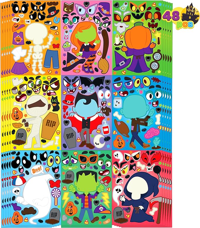 JOYIN 48 Pcs Halloween Make a Face Stickers, Halloween Party Favor for Kids, Art Craft Party Supplies, Classroom Activities Games Goodies, Sticker Sheets with Witch, Vampire Designs