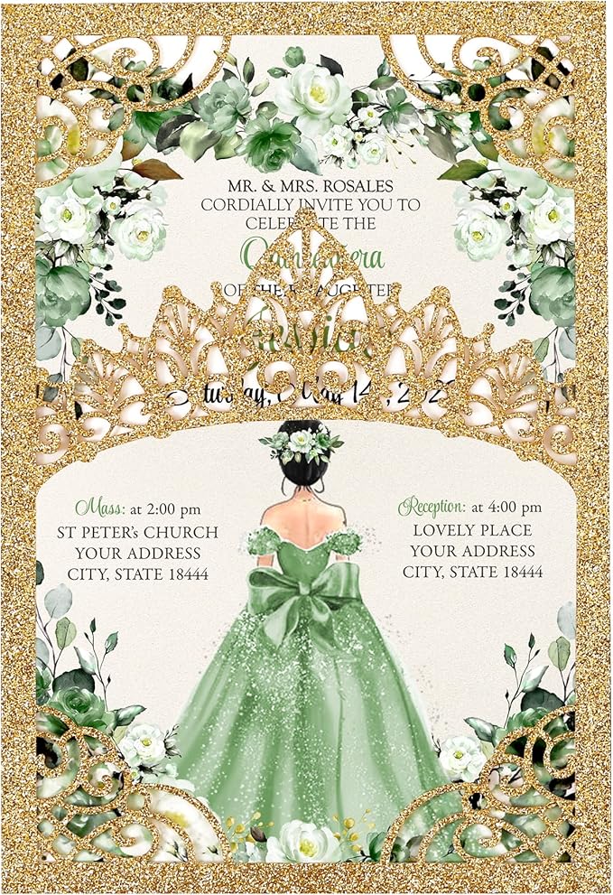 50Pcs Sage Green Crown Quinceanera Invitation for 15 year, Sweet 16, Miss XV, Birthday Laser Cut Quince Invitation Cards Personalized Glitter Gold